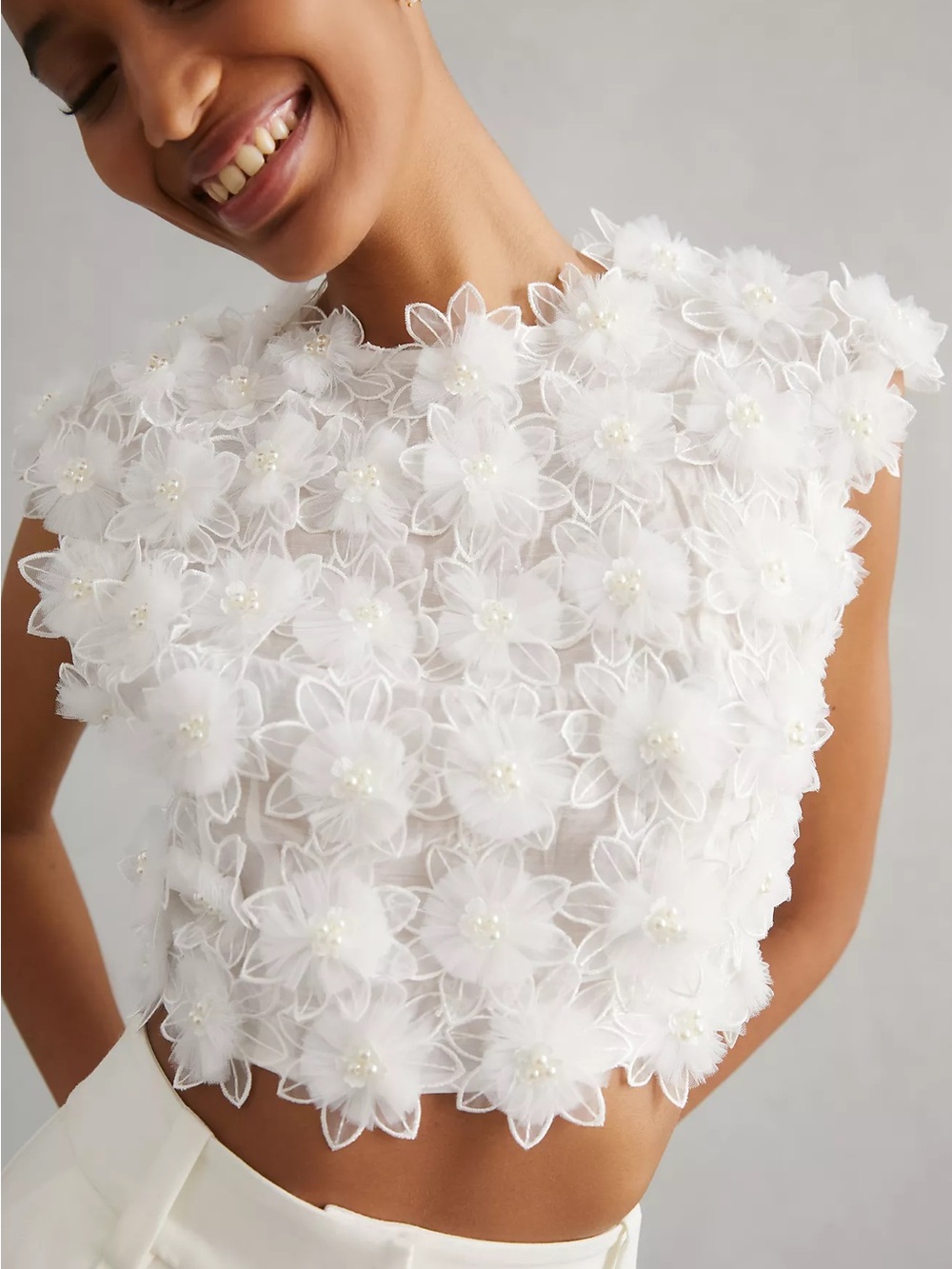 Elliatt White Floral 3D Appliqué Mesh Crop Top